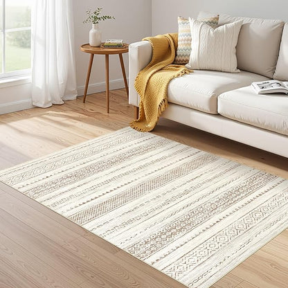 Nakagishi Area Rug Living Room Rugs: 3x5 Soft Machine Washable Boho Neutral Farmhouse Stain Resistant Moroccan Indoor Floor Carpet for Bedroom Nursery Kids Entryway Kitchen Entry Bedside Home- Brown