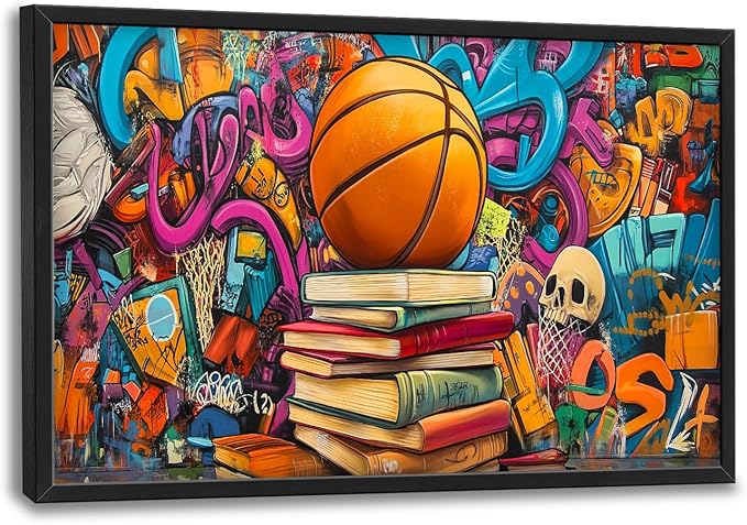 Banksy Basketball Book Large Wall Art for Living Room Abstract Graffiti Sports Framed Canvas Decor Street Prints Painting Pictures Extra Large Artwork for Gym Bedroom Home Office Classroom 24"x36"