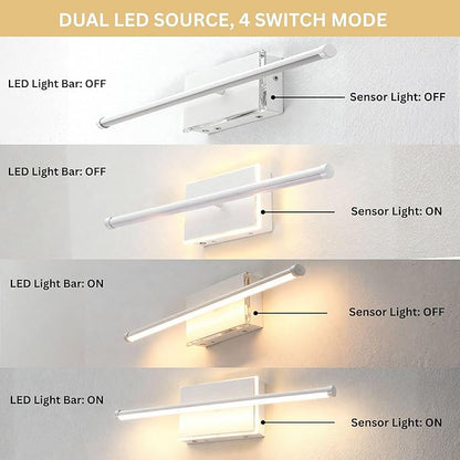 20-Inch Smart LED Vanity Light Bar | Dual Light Source (10W Main/3W Motion Sensor) | 4 Switch Modes (Incl. Night Light) | 3000K, 1040LM, CRI 90+, Dimmable, ETL (Matte White)