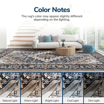 Lessymo 2 x 3 Entryway Rug, Machine Washable Area Rugs Boho Faux Wool Low Pile Area Rug for Bedroom, Floral Medallion Vintage Outdoor Rugs with Non-Slip Rubber,Black Brown