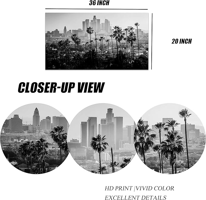 FuShvre City Canvas Wall Art Los Angeles Downtown Picture Print Black and White LA Cityscape Painting for Wall Decor Framed 20"x 36"