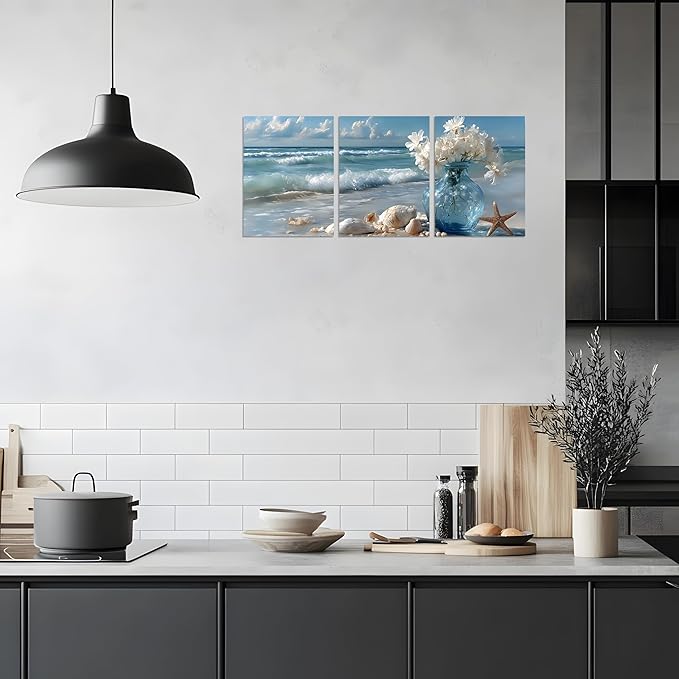 TutuBeer Beach Bathroom Canvas Wall Art Starfish with White Flower Coastal Pictures Wall Art Canvas Seascape Poster Seaside Seashell Painting Print Artwork for Living Room Bedroom 12"x24"x3 Pcs