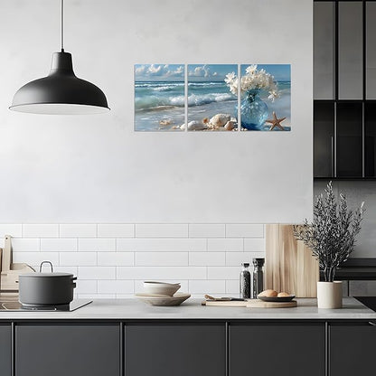 TutuBeer Beach Bathroom Canvas Wall Art Starfish with White Flower Coastal Pictures Wall Art Canvas Seascape Poster Seaside Seashell Painting Print Artwork for Living Room Bedroom 12"x24"x3 Pcs