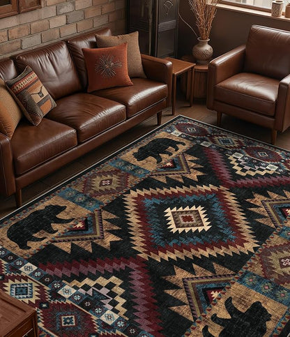 YIHOUSE Rustic Cabin Area Rug for Bedroom 6x9,Machine Washable Lodge Bear Rug,Non-Slip Low Pile Print Pattern Western Rug for Living Room