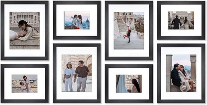 8 Piece Large Rectangle Gallery Wall Frame Set - Photo Frame Set with Mat for 8x10 and 11x14 -Picture Frame Set for Wall Collage Made of Engineered Wood –Assorted Black Frames for Gallery Wall (Black)