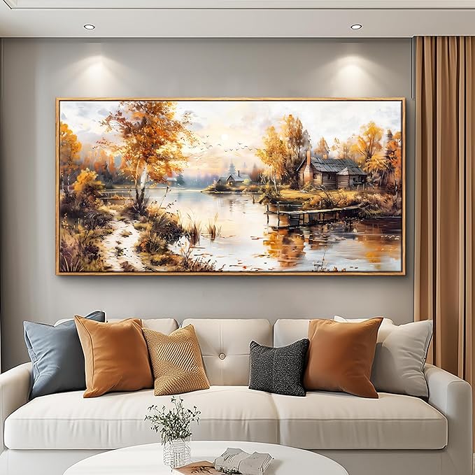 QIYILEXWART Large Wall Decor For Living Room Canvas Wall Art For Office Modern Wall Decorations For Bedroom Lakeside Cabins Autumn Landscape Painting Farmhouse Pictures Artwork Home Decor 24x48