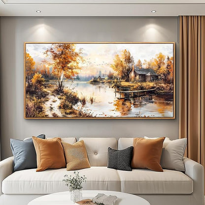 QIYILEXWART Large Wall Decor For Living Room Canvas Wall Art For Office Modern Wall Decorations For Bedroom Lakeside Cabins Autumn Landscape Painting Farmhouse Pictures Artwork Home Decor 24x48