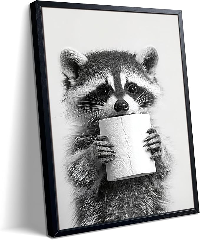 XYHYRA Bathroom Wall Art, Cute Black and White Raccoon Canvas Prints Poster, Funny Animal Decor Oil Painting, Modern Farmhouse Picture Artwork for Bathroom Toilet Wall Decor 12X16 Inch Framed