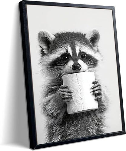 XYHYRA Bathroom Wall Art, Cute Black and White Raccoon Canvas Prints Poster, Funny Animal Decor Oil Painting, Modern Farmhouse Picture Artwork for Bathroom Toilet Wall Decor 12X16 Inch Framed