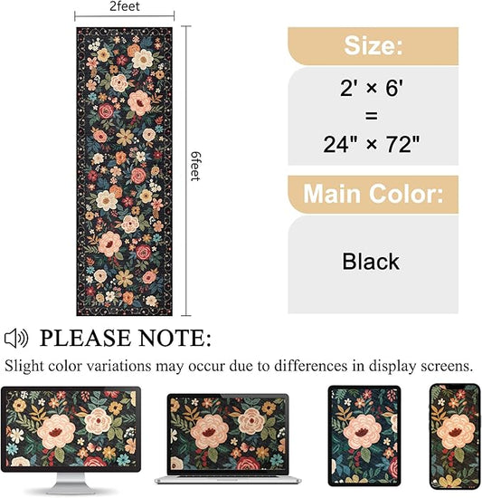 DUKINO 2x6 Runner Rug for Hallway, Washable Kitchen Runner Rug with Non Slip Backing, Low Pile Soft Boho Floral Runner for Kitchen, Hallway, Entryway, Laundry, Bedroom, Black