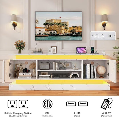 71" 2 LED Marble TV Stand for TVs 85 inch,High Gloss Gaming Tall Entertainment Center w/Power Outlet,6000-Colors LED Lights,Modern TV Media Console Table with 2 Cabinets for Living Room,White Marble