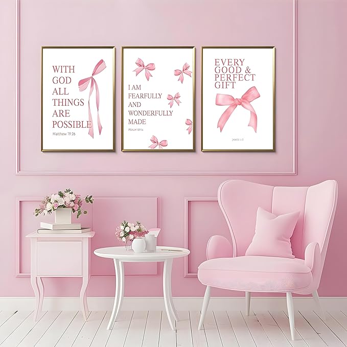 JBZDD Coquette Pink Bow Wall Art Decor Posters Set of 3, Inspirational Bible Verses Pictures Prints Coquette Aesthetic for Girls Room College Apartment Living Room Bedroom Unframed 16x24 In