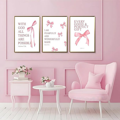 JBZDD Coquette Pink Bow Wall Art Decor Posters Set of 3, Inspirational Bible Verses Pictures Prints Coquette Aesthetic for Girls Room College Apartment Living Room Bedroom Unframed 16x24 In