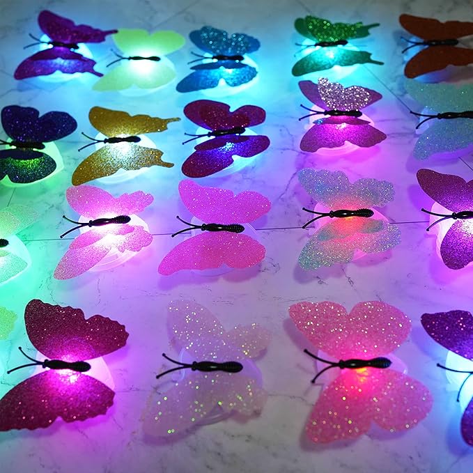 3D LED Butterfly Night Lights, 40Pcs Single and Double Butterfly Decoration Light, Glowing Flash Wall Stickers Light for Bedroom, Garden, Backyard, Party, Lawn, Living Room Decor
