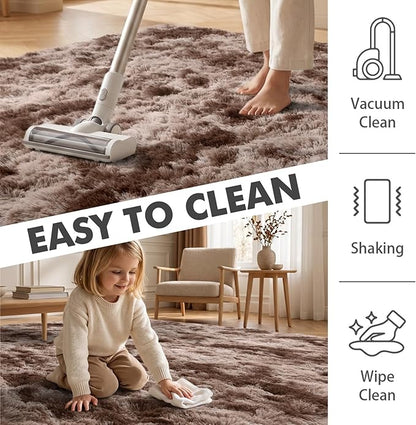 4x6 Ft Shag Brown Area Rug for Bedroom Living Room, Tie-Dyed Ultra Soft Fluffy Furry Rugs for Indoor Floor, Aesthetic Carpet for Kids Home Decor (Coffee)