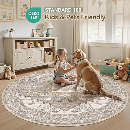 6ft Round Rug for Living Room: 6x6 Washable Vintage Brown Area Rug, Large Non Slip Soft Stain Resistant Indoor Floor Carpet for Bedroom Dining Decor Home Office Kid & Pet Friendly