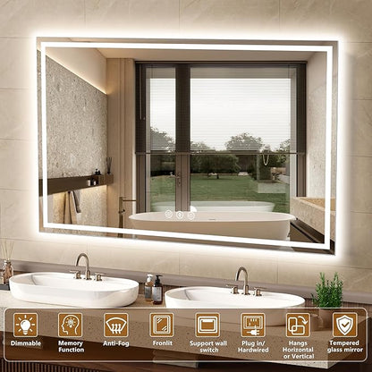55x36 Inch LED Lighted Bathroom Mirror - Anti-Fog Vanity Mirror with Dimmable Front & Backlit, 3 Color Temp, Smart Memory - Shatterproof HD Glass, IP54 Waterproof Wall Mounted for Makeup Shaving