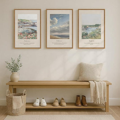 Framed Christian Wall Art for Living Room, Set of 3 Green Landscape Biblical Verse Canvas Prints Artwork for walls, Vintage Psalm Scripture Wall Decor, Dining Room Bedroom Prayer Room, 16x24 Inch