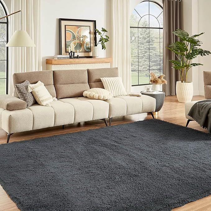 Floralux 8x10 Shag Rug for Bedroom, Dark Grey, Large Area Rug for Living Room, Soft Fluffy Carpet