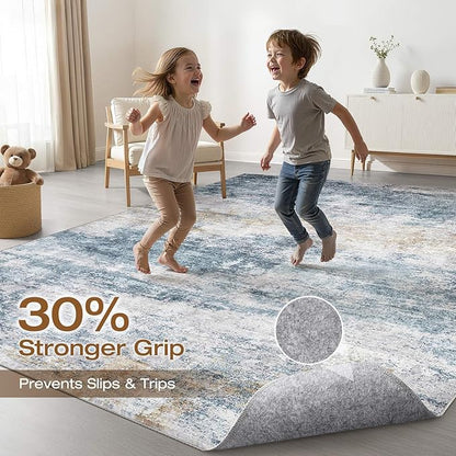 5x8 Area Rug Living Room: Washable Large Neutral Rug Abstract Soft Modern Stain Resistant Indoor Floor Non-Slip Carpet for Bedroom Nursery Kids Office Playroom Dining Room Under Table- Blue Gold