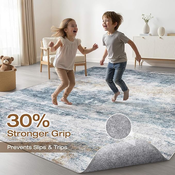 8x10 Area Rugs Living Room: Washable Large Neutral Rug Abstract Soft Modern Stain Resistant Indoor Floor Non-Slip Carpet for Bedroom Nursery Kids Office Playroom Dining Room Under Table- Blue Gold