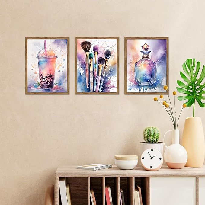 Framed Teen Girls Bedroom Wall Art Set of 3, Pink and Purple Splash Canvas Prints, Makeup Enthusiast Pictures Posters, Drinks Cosmetic Wall Decor for Teenage Girl Room Decor – 12x16 inch