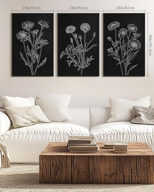Drsoum Vintage Boho Botanical Flower Wall Art Framed Retro Floral Wall Prints Wildflower Neutral Rustic Bohemain Artwork Kitchen Bedroom Ready to Hang 24x36in Black Framed
