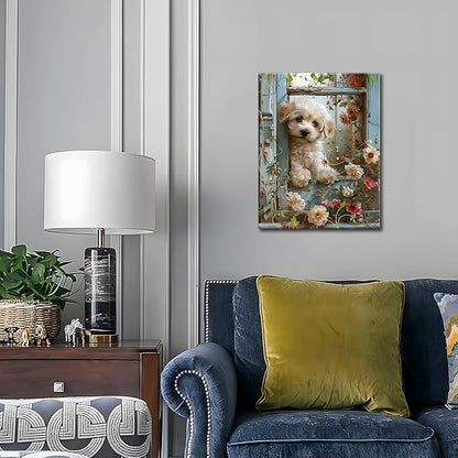 Framed Poodle Canvas Wall Art, Funny Teddy Dog Poster Print, Abstract Dog Standing Among Flowers Painting Wall Decor for Dormitory Restroom Bedroom Kids Room Decor 12x16 inch