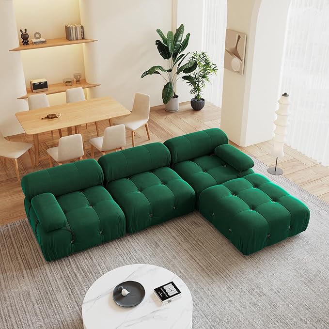 104'' Modular Green Sectional Couch, L-Shaped Velvet Bubble Couch with Reversible Chaise Ottoman, Modern Sectional Couches for Living Room, Apartment (3 Seats, 1 Ottoman, Green)