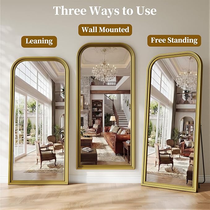Full Length Mirror with Stand, 71"x32" Full Body Mirror, Floor Length Mirrors Wall Mounted with Rounded Top, Large Standing Mirrors, PU Frame, for Bedroom Living Room Cloakroom, Antique Gold