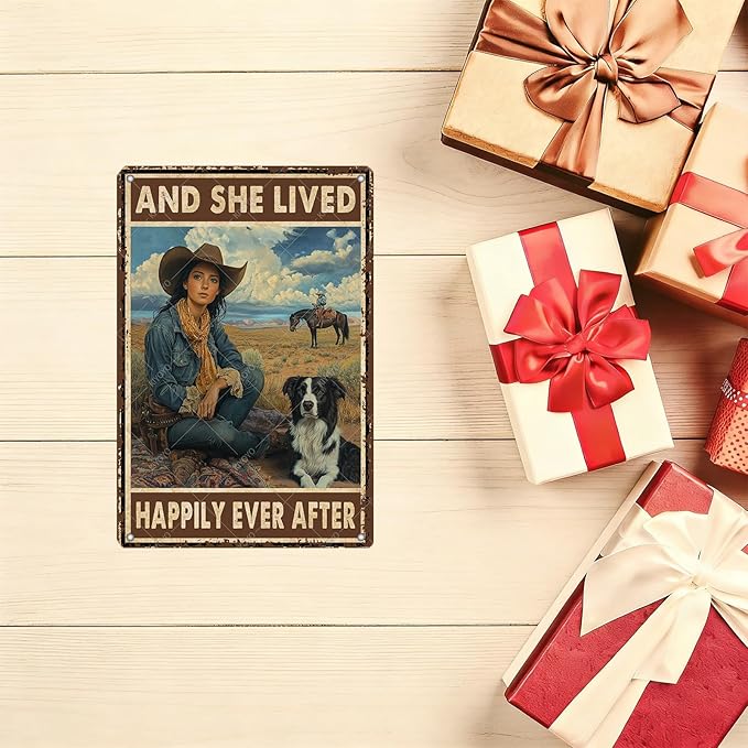 Cowgirl Metal Tin Signs and She Lived Happily Ever After Decorative Poster Wall Art Decoration for Home Bar Club Coffee shop 12x8 Inch