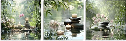 TutuBeer 3 Pcs Zen Wall Art Zen Pictures for Bathroom Spa Still Life Spa Stone Green Bamboo White Orchid on Water Pictures Print on Canvas for Home Office Wall Decor Stretched and Framed 16x16inchx3