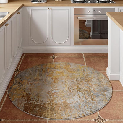 Beige Gold Round Area Rugs 4ft Washable Circle Rug for Entryway Kitchen, Non Slip Soft Low Pile Stain Resistant, Boho Circular Carpet for Living Room Bedroom Dorm Dining Room Table, Abstract Tan