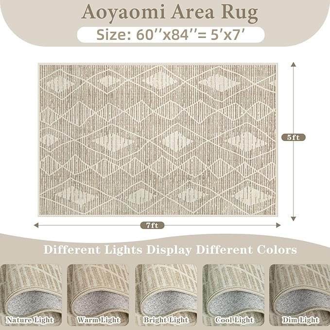 Area Rug Living Room Rugs 5x7 - Large Soft Boho Geometric Rugs, Non-Slip Foldable Washable Area Rug Non Shedding Morden Indoor Floor Carpet for Living Bedroom Dining Room(Cream Beige, 5'x7')