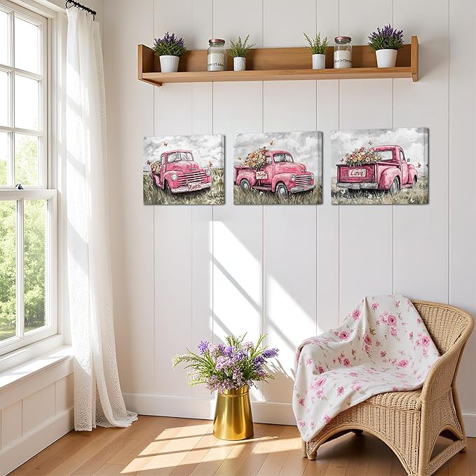 sechars Truck Wall Art Canvas Vintage Farmhouse Decor Faith Hope Love Floral Painting Prints (Pink)