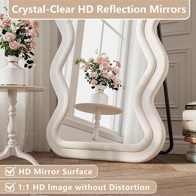 Wavy Full Length Mirror, 71"x32" Flannel Mirrors Full Length with Stand, Full Boby Mirrors for Bedroom, Living Room, Cloakroom, Hanging Leaning Wall Mirror, White