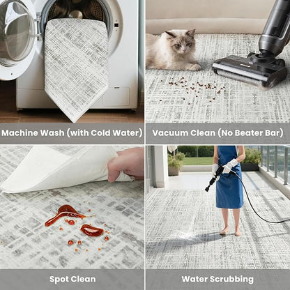 4x6 Area Rugs Washable Rug: Anti-Skid Abstract Modern Living Room Rug Soft Thin Carpets Indoor Floor Non-Shedding Carpet for Bedroom Dining Farmhouse Nursery Home Office (White Gray, 4'x6')