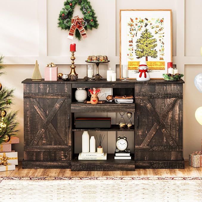 Tangkula 58”L Farmhouse LED TV Stand for TV up to 65 Inch, 32”H Tall Entertainment Center with 20 Color Led Lights, Media Console Table with Cubbies & Cabinets, Large Storage Cabinet for Living Room