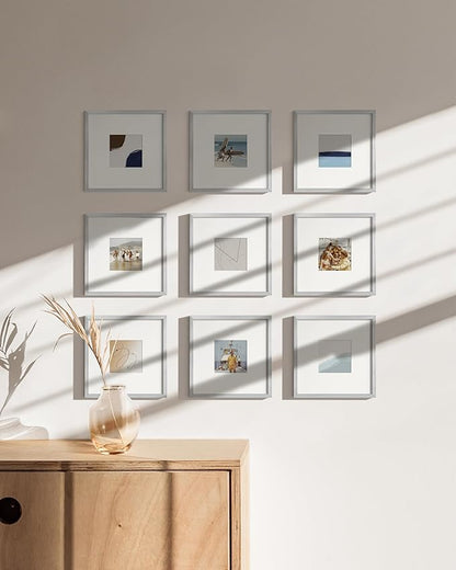 HAUS AND HUES 8x8 Silver Metal Picture Frames Matted to 4x4 - Features Premium Aluminum & Hanging Hardware, Shatterproof Plexiglass - Ideal for Home, Room, Office (8x8 in, Silver, Set of 25)