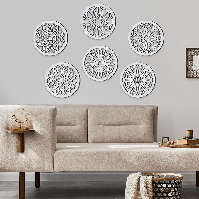 Ferraycle 6 Pieces Thicken Rustic Wall Decor Farmhouse Wall Art Wooden Round Art Hanging Decoration Hollow Carved for Living Room Bedroom Kitchen Office Apartment Hallway(Retro Grey)