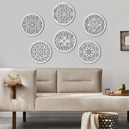 Ferraycle 6 Pieces Thicken Rustic Wall Decor Farmhouse Wall Art Wooden Round Art Hanging Decoration Hollow Carved for Living Room Bedroom Kitchen Office Apartment Hallway(Retro Grey)