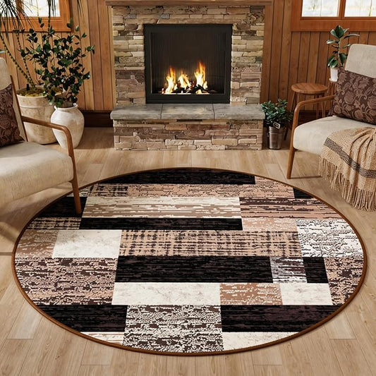 FlyDOIT Modern Round Area Rug for Living Room, 5Ft Washable Round Rug Chocolate Geometric Patchwork Circle Rugs for Dining Room Table, Large Circular Floor Carpet for Bedroom Home Office