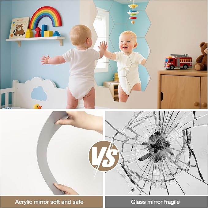 LXCREAT Hexagon Self Adhesive Stick on Mirror for Wall, Small Unbreakable Acrylic Mirrors Tiles 11.8x11.8 Inch 4PCS, Flexible Full Length Peel and Stick Mirror for Bathroom Gym Home Door Decor