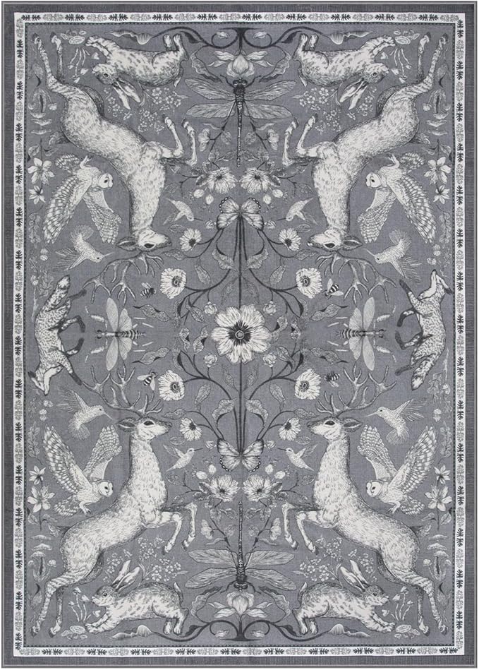Lahome 5x7 Washable Deer Rug, Dorval Boho Woodland Vintage Area Rug, Non Slip Low Pile Soft Grey Carpet for Living Room Bedroom Nursery Dining Room Kitchen Farmhouse Home Decor