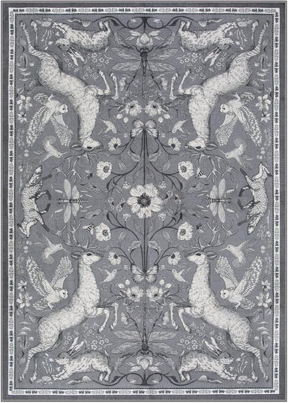 Lahome 5x7 Washable Deer Rug, Dorval Boho Woodland Vintage Area Rug, Non Slip Low Pile Soft Grey Carpet for Living Room Bedroom Nursery Dining Room Kitchen Farmhouse Home Decor