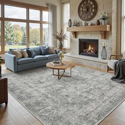 Rugxara 8x10 Area Rugs for Living Room, Large Washable Rug, Grey Vintage Abstract Boho Rug, Non Slip & Low Pile Faux Wool Carpet for Indoor Dining Room, Farmhouse and Bedroom(Grey 8x10ft)