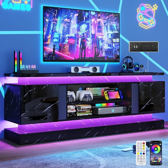 71" 2 LED Marble TV Stand for TVs 85 inch,High Gloss Gaming Tall Entertainment Center w/Power Outlet,6000-Colors LED Lights,Modern TV Media Console Table with 2 Cabinets for Living Room,Black Marble