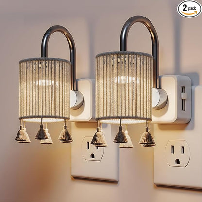 L LOHAS LED Night Lights Plug into Wall, 2 Pack Boho Fabric Cylinder Night Light with Tassel, 0-100LM Dimmable Night Lights, Dusk to Dawn Sensor, Vintage Nightlight for Bedroom, Living Room, Hallway