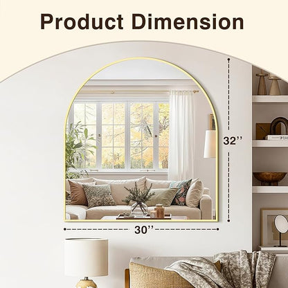 Vanity Bathroom Mirror for Wall, 32”x30” Arched Bathroom Mirror for Over Sink, Arched Metal Frame for Bedroom, Living Room, Entryway, Hanging or Leaning, Gold