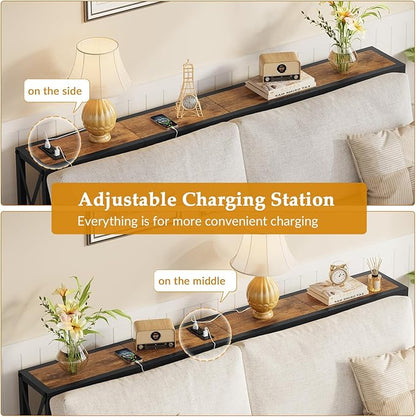 Gewudraw Console Table with Oulets and USB Ports, 55.1" Sofa Table Behind Couch, Industrial Long Skinny Stand for Hallway, Living Room, Bedroom, 6.5 Feet Power Cord, Rustic Brown
